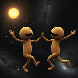 Pluto and the Sun depicted as anthropomorphized celestial bodies, dancing together in the vastness of outer space.