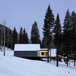 Architectural photography of a minimalist house nestled in a tranquil snow-covered mountain landscape