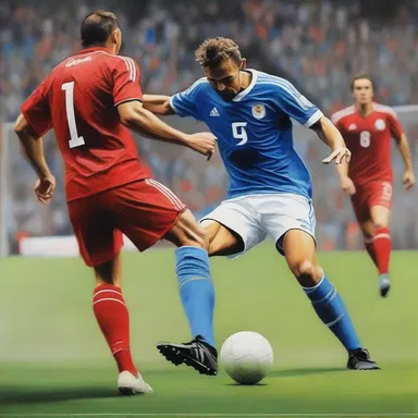 The artist beautifully captured the moment of the goal-kick in his painting, showcasing the intensity of the game.