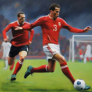 The artist beautifully captured the moment of the goal-kick in his painting, showcasing the intensity of the game.