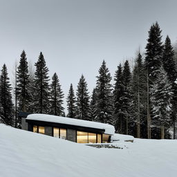 Architectural photography of a minimalist house nestled in a tranquil snow-covered mountain landscape