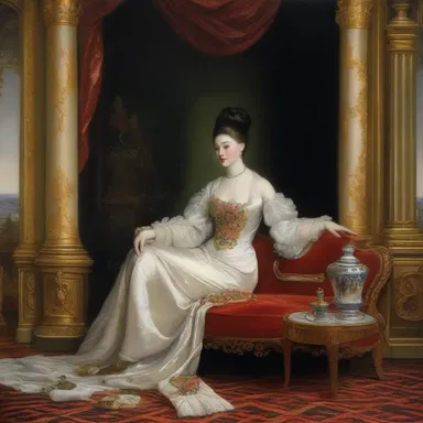 The painting depicts a scene of lavishness and indulgence contrasted with a small figure symbolizing moderation.