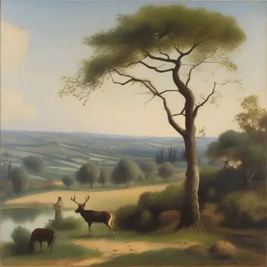 The painting depicts a scene of moderation, with a serene landscape and balanced composition.