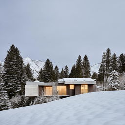 Architectural photography of a minimalist house nestled in a tranquil snow-covered mountain landscape