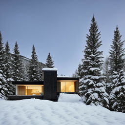 Architectural photography of a minimalist house nestled in a tranquil snow-covered mountain landscape