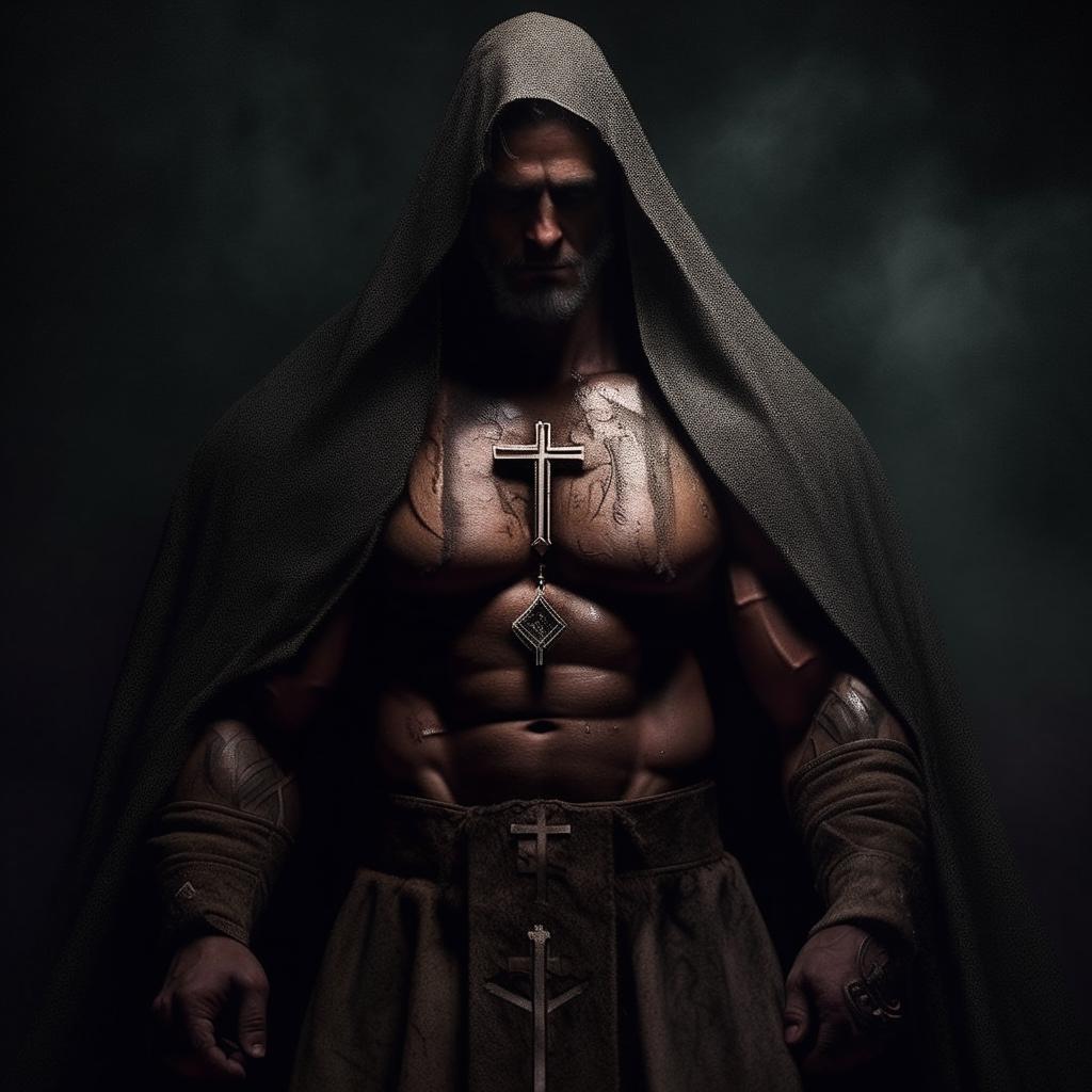 A highly muscular Orthodox Christian priest, depicted in ominous and dark tones, adding an aura of mystique and majesty