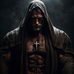 A highly muscular Orthodox Christian priest, depicted in ominous and dark tones, adding an aura of mystique and majesty