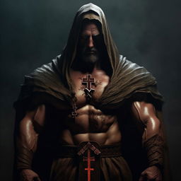 A highly muscular Orthodox Christian priest, depicted in ominous and dark tones, adding an aura of mystique and majesty