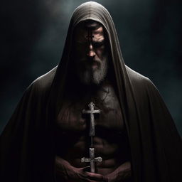 A highly muscular Orthodox Christian priest, depicted in ominous and dark tones, adding an aura of mystique and majesty