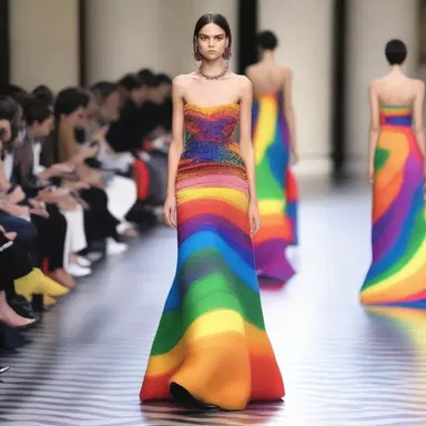 During Paris Fashion Week, renowned fashion designer showcased a bold and avant-garde collection inspired by the LGBTQ+ community. One of the standout pieces was a stunning evening gown adorned with intricate rainbow patterns, celebrating poove culture and individuality.