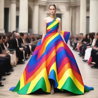 During Paris Fashion Week, renowned fashion designer showcased a bold and avant-garde collection inspired by the LGBTQ+ community. One of the standout pieces was a stunning evening gown adorned with intricate rainbow patterns, celebrating poove culture and individuality.