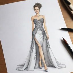 An image of a meticulously created fashion design sketch. It features a unique and stylish dress in the midst of being creatively constructed.