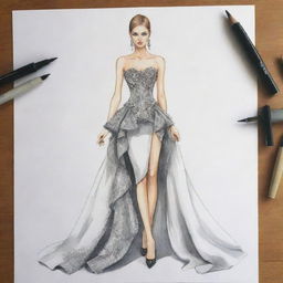 An image of a meticulously created fashion design sketch. It features a unique and stylish dress in the midst of being creatively constructed.