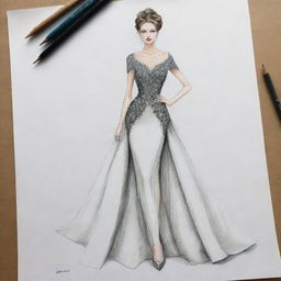 An image of a meticulously created fashion design sketch. It features a unique and stylish dress in the midst of being creatively constructed.