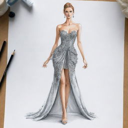 An image of a meticulously created fashion design sketch. It features a unique and stylish dress in the midst of being creatively constructed.