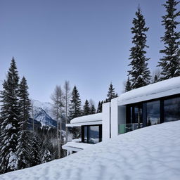 Avant-garde, white concept home situated in a serene, snowy mountain landscape. Architecture photo.