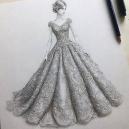 An image of an intricate dress design sketch, ideal for a book cover. The emphasis is on the creative process of designing a sophisticated and elegant dress.