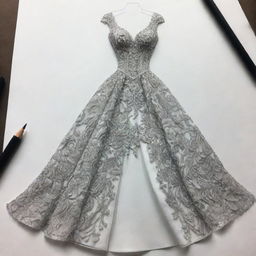 An image of an intricate dress design sketch, ideal for a book cover. The emphasis is on the creative process of designing a sophisticated and elegant dress.