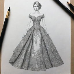 An image of an intricate dress design sketch, ideal for a book cover. The emphasis is on the creative process of designing a sophisticated and elegant dress.