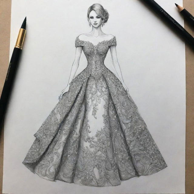 An image of an intricate dress design sketch, ideal for a book cover. The emphasis is on the creative process of designing a sophisticated and elegant dress.