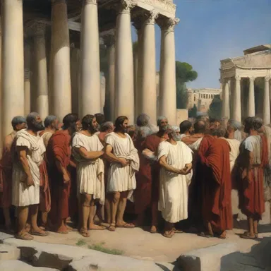 The painting depicts a group of Romans gathered at the Forum on the ides of July.