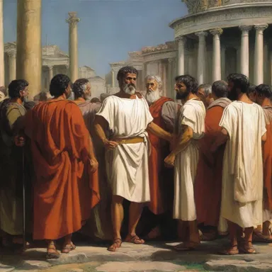 The painting depicts a group of Romans gathered at the Forum on the ides of July.