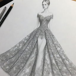 An image of an intricate dress design sketch, ideal for a book cover. The emphasis is on the creative process of designing a sophisticated and elegant dress.