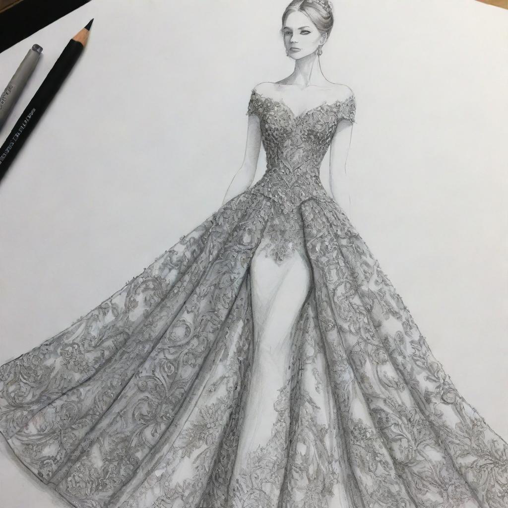An image of an intricate dress design sketch, ideal for a book cover. The emphasis is on the creative process of designing a sophisticated and elegant dress.
