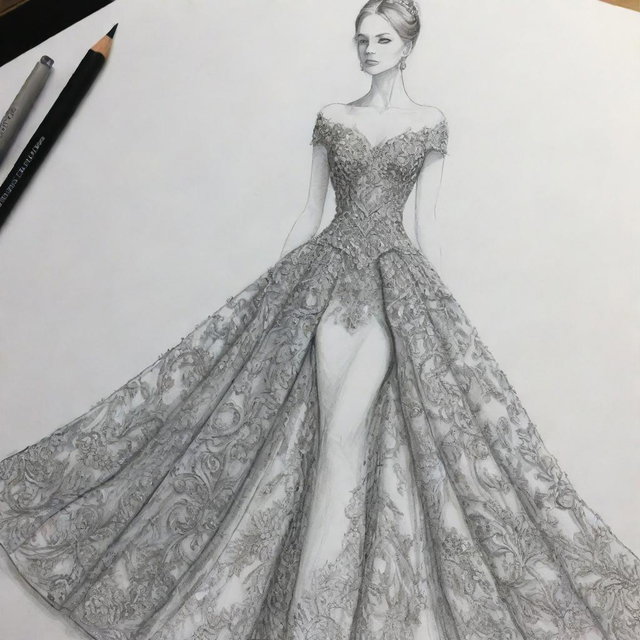 An image of an intricate dress design sketch, ideal for a book cover. The emphasis is on the creative process of designing a sophisticated and elegant dress.