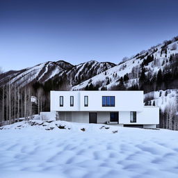 Avant-garde, white concept home situated in a serene, snowy mountain landscape. Architecture photo.