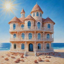 A vivid painting depicting a unique building constructed entirely of sea shells, shimmering under the radiant sunlight.