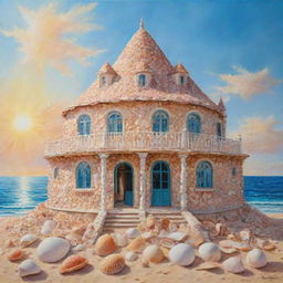 A vivid painting depicting a unique building constructed entirely of sea shells, shimmering under the radiant sunlight.