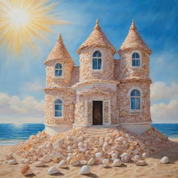 A vivid painting depicting a unique building constructed entirely of sea shells, shimmering under the radiant sunlight.