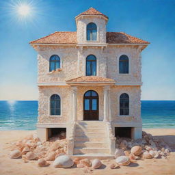 A vivid painting depicting a unique building constructed entirely of sea shells, shimmering under the radiant sunlight.