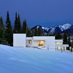 Avant-garde, white concept home situated in a serene, snowy mountain landscape. Architecture photo.