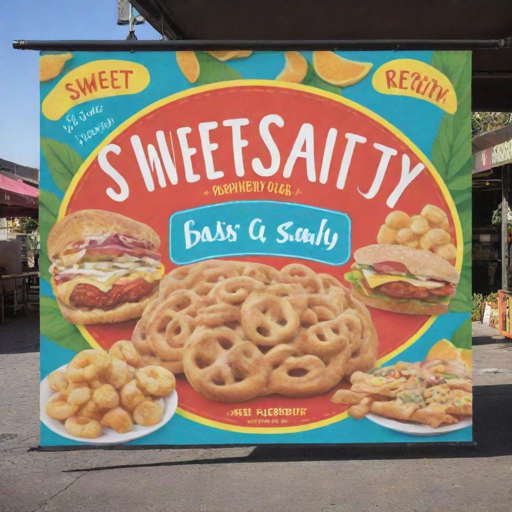 Design a colorful and appetizing banner for a food stall named 'RSG Sweet and Salty'. Include imagery of both sweet and salty snacks, the stall's name in vibrant lettering, and a fun, welcoming atmosphere.