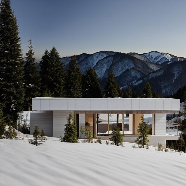 Avant-garde, white concept home situated in a serene, snowy mountain landscape. Architecture photo.