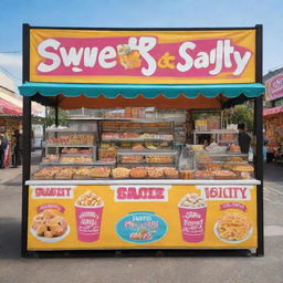 Design a colorful and appetizing banner for a food stall named 'RSG Sweet and Salty'. Include imagery of both sweet and salty snacks, the stall's name in vibrant lettering, and a fun, welcoming atmosphere.