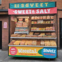 Design a colorful and appetizing banner for a food stall named 'RSG Sweet and Salty'. Include imagery of both sweet and salty snacks, the stall's name in vibrant lettering, and a fun, welcoming atmosphere.