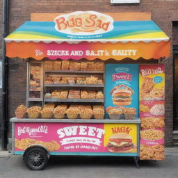 Design a colorful and appetizing banner for a food stall named 'RSG Sweet and Salty'. Include imagery of both sweet and salty snacks, the stall's name in vibrant lettering, and a fun, welcoming atmosphere.