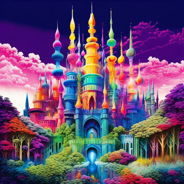 A vibrantly coloured magical castle in digital art form with intricate colour combinations and colourful composition against a pastel sky.