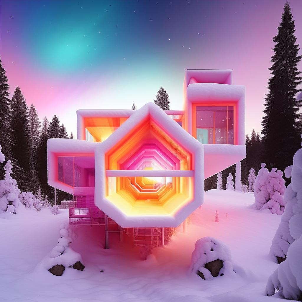 A comically, ultra-filtered modern all-white house in a snowy landscape fiercely glowing with such intense brightness and color saturation that it's begun to form its own vibrant solar system, a manifestation of the ultimate Instagram universe.