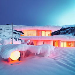 A comically, ultra-filtered modern all-white house in a snowy landscape fiercely glowing with such intense brightness and color saturation that it's begun to form its own vibrant solar system, a manifestation of the ultimate Instagram universe.