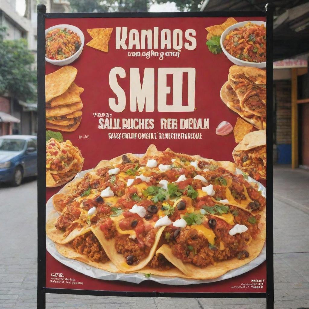 Modify the 'RSG Sweet and Salty' food stall banner to prominently feature delicious nachos and karanji. Include the stall's name and vivid illustrations of the specified snacks, creating an inviting atmosphere.