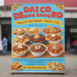 Modify the 'RSG Sweet and Salty' food stall banner to prominently feature delicious nachos and karanji. Include the stall's name and vivid illustrations of the specified snacks, creating an inviting atmosphere.