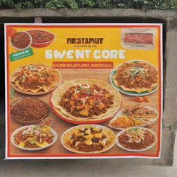 Modify the 'RSG Sweet and Salty' food stall banner to prominently feature delicious nachos and karanji. Include the stall's name and vivid illustrations of the specified snacks, creating an inviting atmosphere.