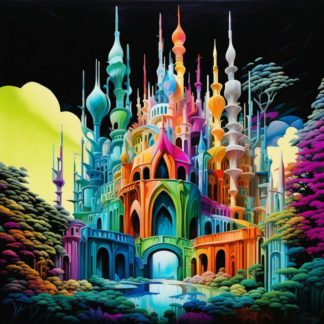 A vibrantly coloured magical castle inspired by Antonio Gaudi and Zaha Hadid, with intricate colour combinations and colourful composition against a pastel sky.