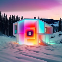 A comically, ultra-filtered modern all-white house in a snowy landscape fiercely glowing with such intense brightness and color saturation that it's begun to form its own vibrant solar system, a manifestation of the ultimate Instagram universe.