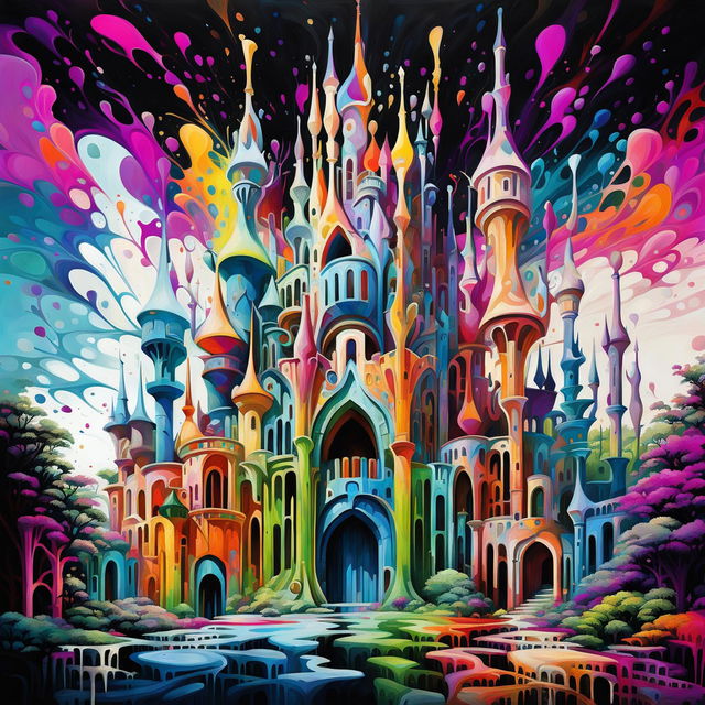 A vibrantly coloured magical castle inspired by Antonio Gaudi and Zaha Hadid, with intricate colour combinations, colourful composition against a pastel sky, and colourful paint splatters all over.