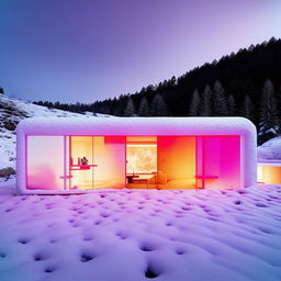 A comically, ultra-filtered modern all-white house in a snowy landscape fiercely glowing with such intense brightness and color saturation that it's begun to form its own vibrant solar system, a manifestation of the ultimate Instagram universe.